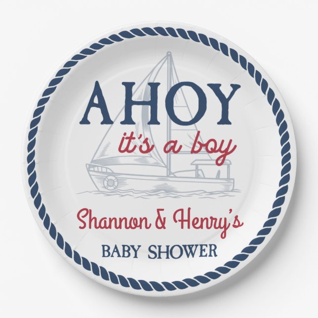 Ahoy It's a Boy Nautical Baby Shower Paper Plate (Front)