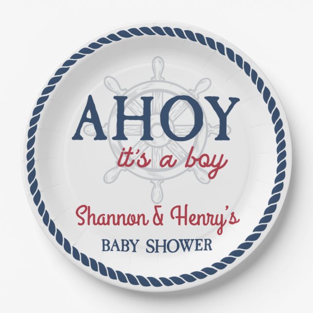 Ahoy It's a Boy Nautical Baby Shower Paper Plate (Front)
