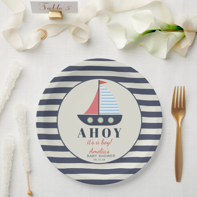 Ahoy It's a Boy Nautical Baby Shower Paper Plates  (Wedding)