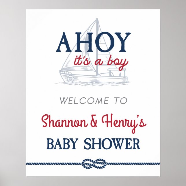 Ahoy It's a Boy Nautical Baby Shower Welcome Sign (Front)