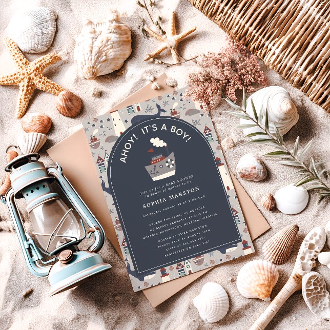 Ahoy It's a Boy Nautical Blue Baby Shower Invite  Postcard (Creator Uploaded)