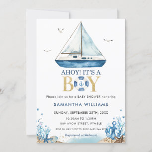 Ahoy It's a Boy Nautical Blue Boat Baby Shower Invitation