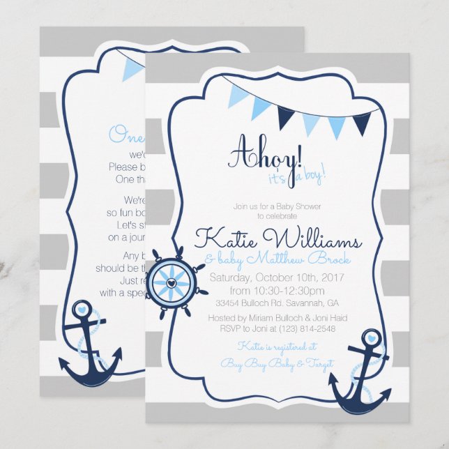 Ahoy its a Boy Nautical Blue Grey Baby Shower Card (Front/Back)
