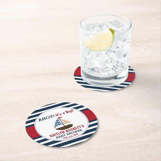 Ahoy It's A Boy! Nautical Boat Baby Shower Round Paper Coaster (Insitu)
