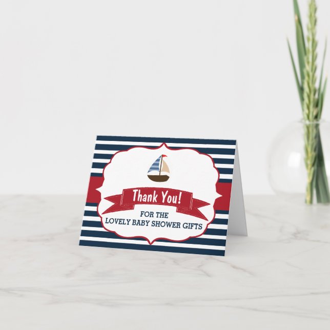 Ahoy It's A Boy! Nautical Boat Baby Shower Thanks Thank You Card (Front)