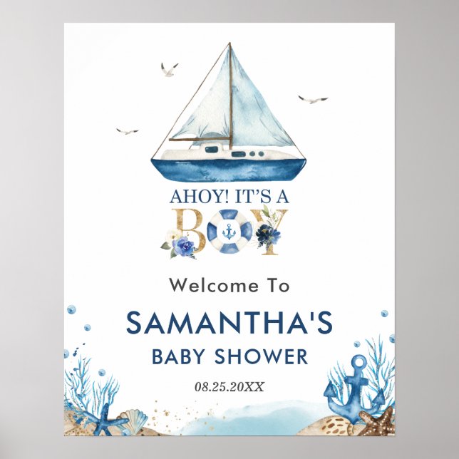 Ahoy It's a Boy Nautical Boat Baby Shower Welcome Poster (Front)