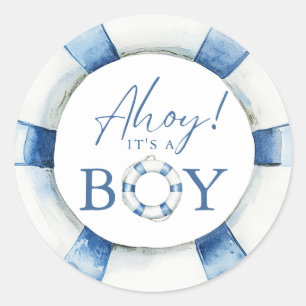 Ahoy Its A Boy Nautical Lifebuoy Baby Shower Favor Classic Round Sticker