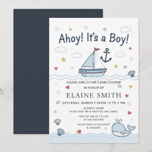 Ahoy Its a Boy Nautical Marine Beach Baby Shower  Invitation