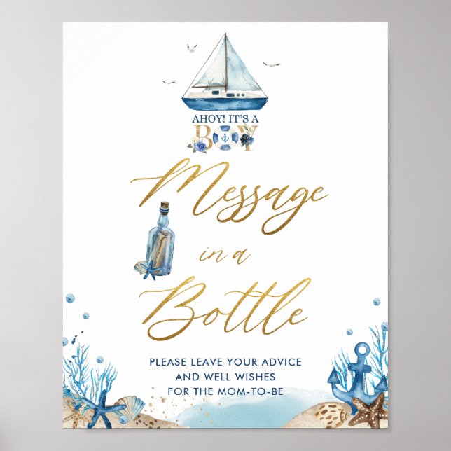 Ahoy It's a Boy Nautical Message in a Bottle Sign (Front)