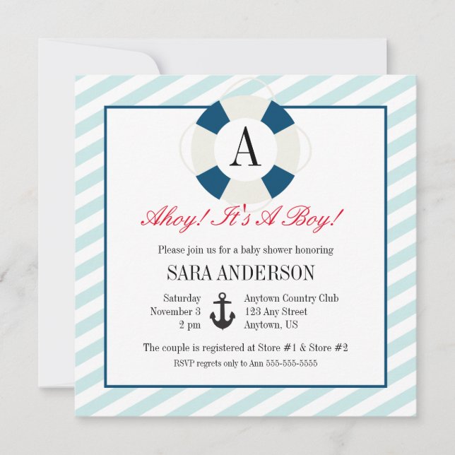 Ahoy It's A Boy Nautical Monogram Baby Shower Invitation (Front)