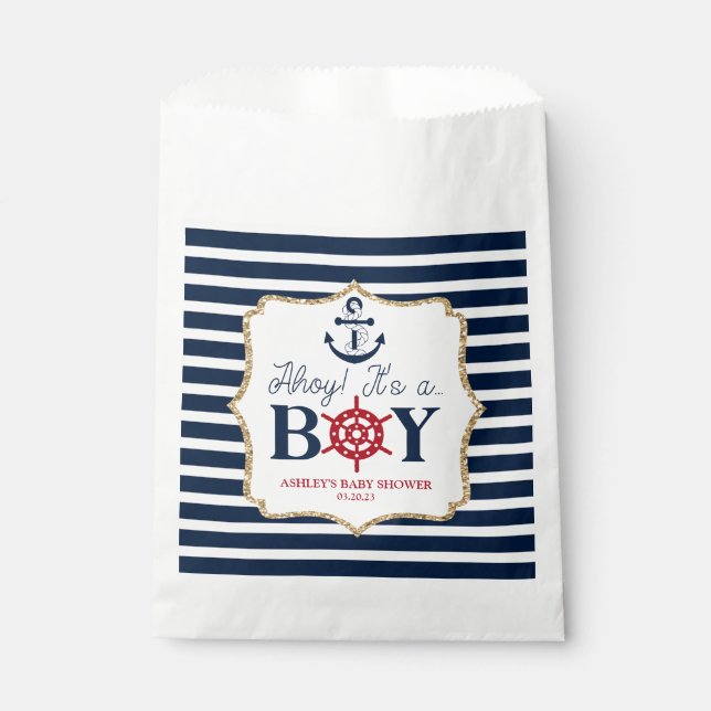 Ahoy It's A Boy Nautical Navy Blue Baby Shower Favour Bag (Front)