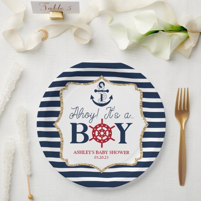 Ahoy It's A Boy Nautical Navy Blue Baby Shower Paper Plate (Wedding)