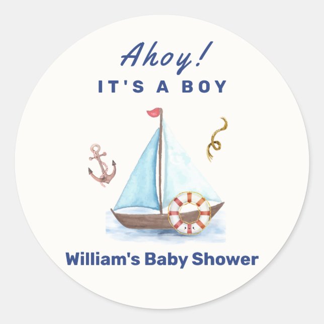 Ahoy It's A Boy Nautical Sailboat Baby Shower  Classic Round Sticker (Front)