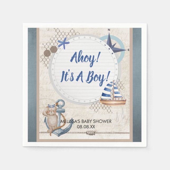 Ahoy it's a boy nautical theme baby shower napkin (Front)