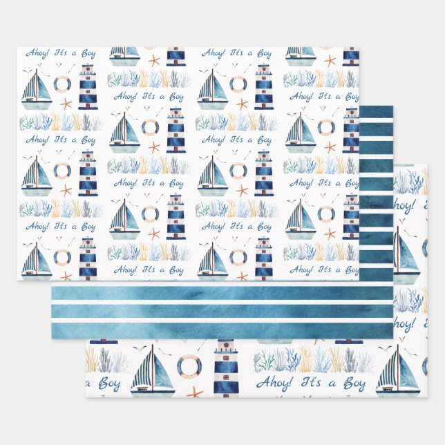 Ahoy! It's a Boy Nautical Themed Customizable  Wrapping Paper Sheet (Set)