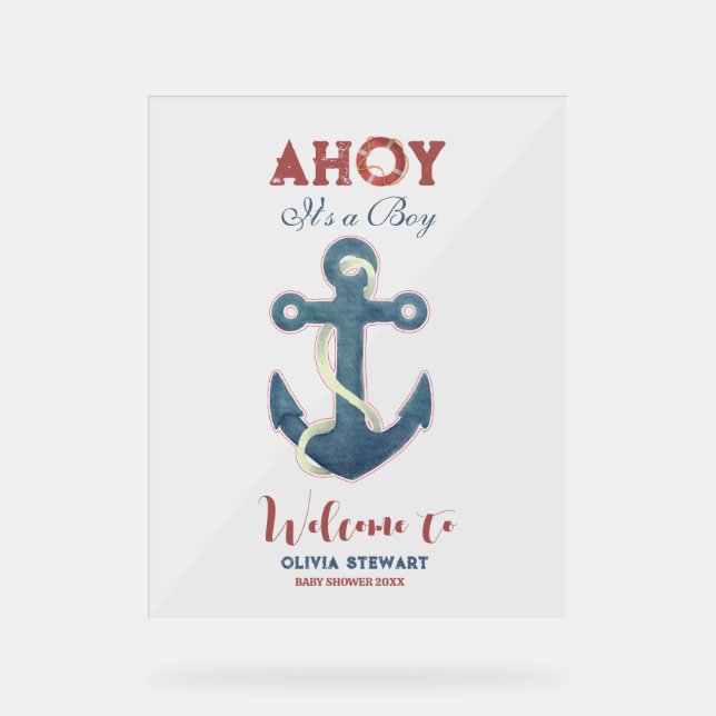 Ahoy its a Boy Nauticcal Boy Baby Shower Welcome Acrylic Sign (Front)
