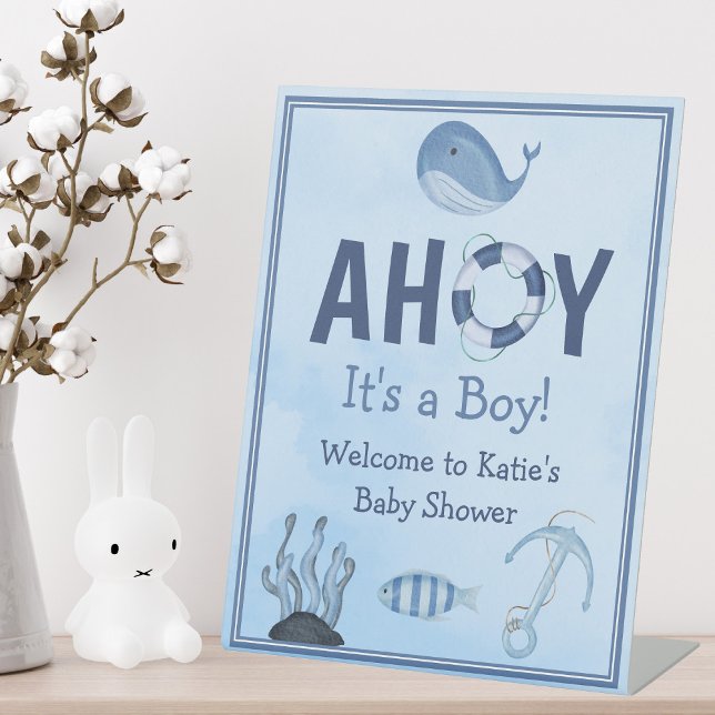 Ahoy It's a Boy Ocean Animals Coastal Baby Shower Pedestal Sign (Creator Uploaded)