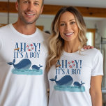 Ahoy it's a Boy Ocean Whales Gender Reveal T-Shirt<br><div class="desc">Ahoy it's a Boy ocean themed t-shirt for gender reveal, birth announcement, baby shower, sip and see etc. "Ahoy! it's a boy" is lettered in decorative typography with a buoy and captain's telescope. The happy whale design is a cute watercolor of mommy and baby whales swimming in the ocean. If...</div>