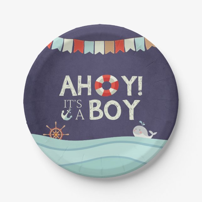 Ahoy It's A Boy Paper Plates Shower Ocean Nautical (Front)