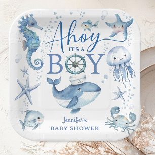 Ahoy it's A Boy Sailor Nautical Baby Shower Blue  Paper Plate