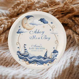 Ahoy It's a Boy Sleeping Moon Sailboat Stars Paper Plate