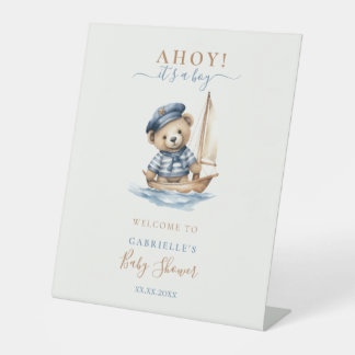 Ahoy it's a Boy Teddy Bear Baby Shower Welcome Pedestal Sign