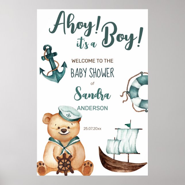 Ahoy it's a boy teddy bear baby shower welcome  poster (Front)