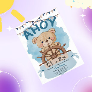 Ahoy It's A Boy Teddy Bear Sailboat Baby Shower  Invitation