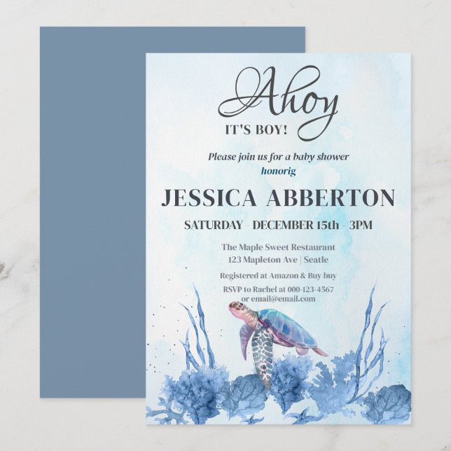 Ahoy It's a Boy Under the Sea Blue  Baby Shower Invitation (Front/Back)