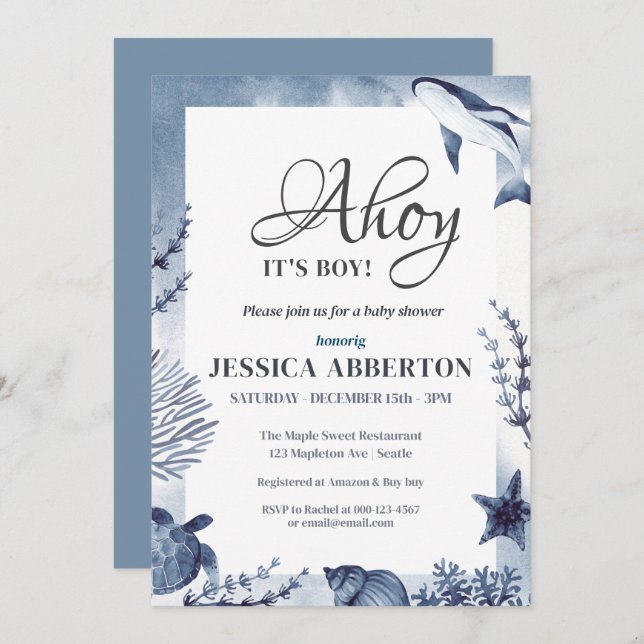 Ahoy, It's a Boy Under the Sea Ocean Animals Baby  Invitation (Front/Back)