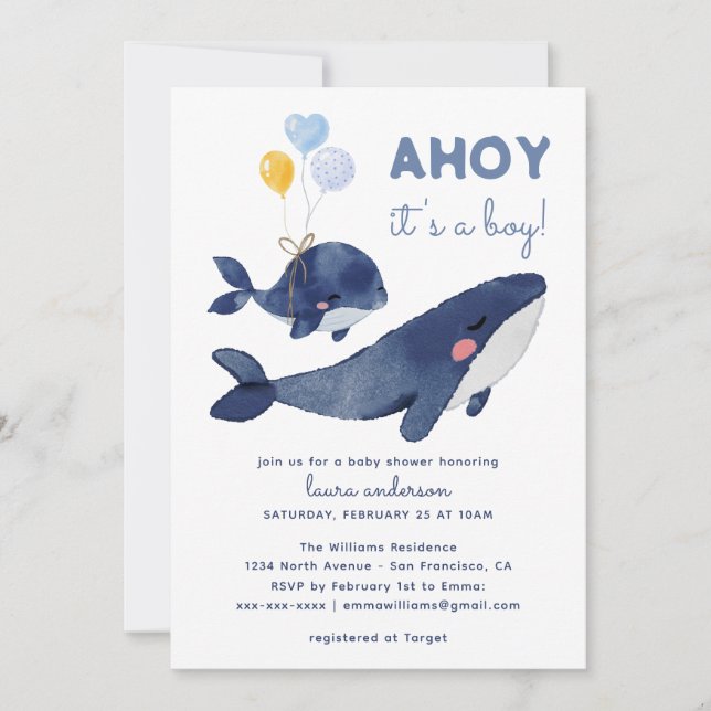 AHOY It's a Boy! Whale Mom Baby Shower Invitation (Front)