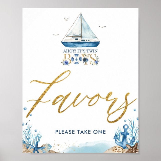 Ahoy It's Twin Boys Nautical Baby Shower Favours Poster (Front)