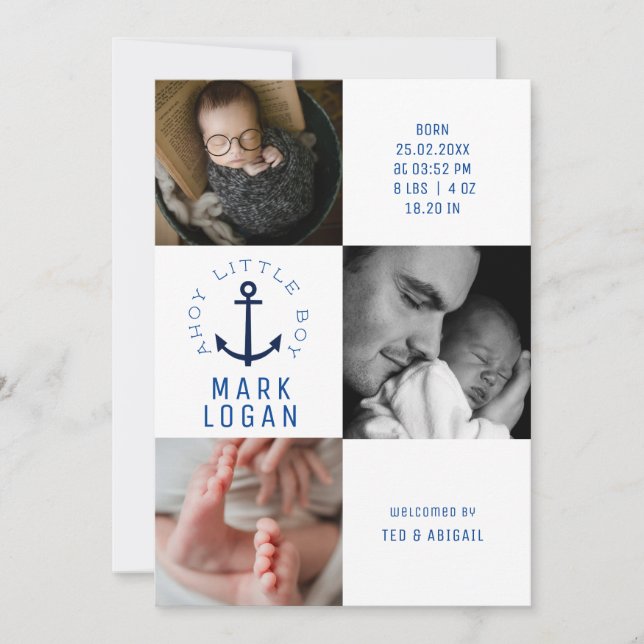 Ahoy Little Boy Photo Collage Anchor Blue Birth Announcement (Front)