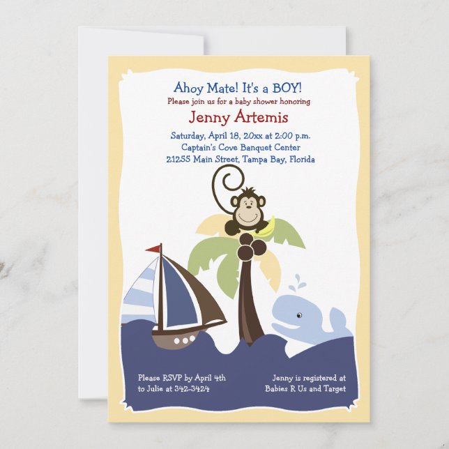 Ahoy Mate Whale, Sailboat & Monkey Invitation 5x7 (Devant)