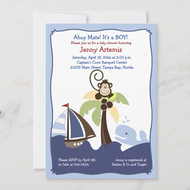 Ahoy Mate Whale, Sailboat & Monkey Invitation 5x7 (Front)