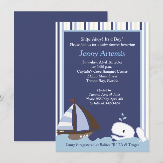 Ahoy Mate White Whale 4x6 Baby shower Invitation (Devant / Derrière)