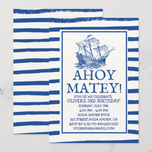 Ahoy Matey! Black Pirate Ship Birthday Invitation