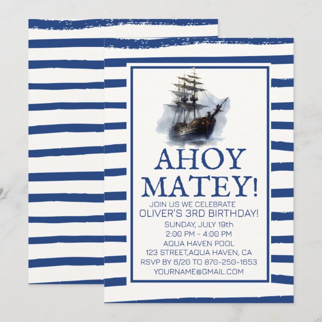 Ahoy Matey! Black Pirate Ship Birthday Invitation (Front/Back)