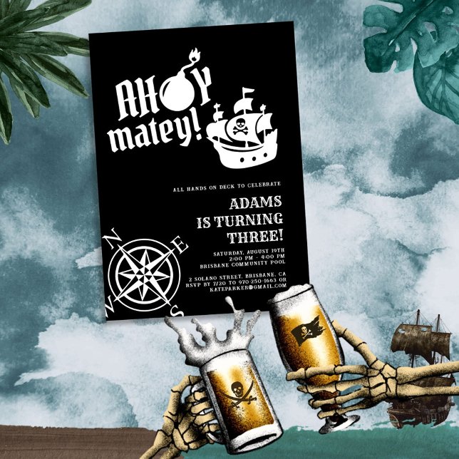 Ahoy Matey! Black Pirate Ship Compass Birthday Invitation (Creator Uploaded)