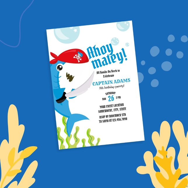 Ahoy Matey! Blu Shark Pirate Birthday Invitation (Creator Uploaded)