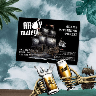 Ahoy Matey! Dark Pirate Ship Birthday Invitation