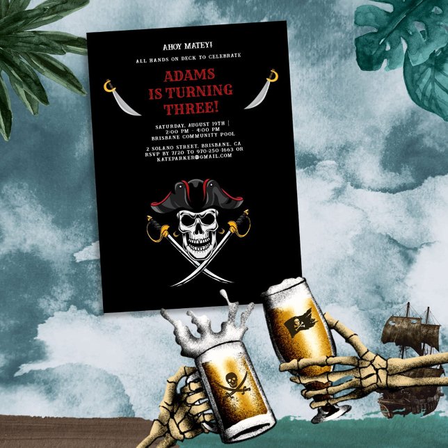 Ahoy Matey! Dark Pirates Skull Mascot Birthday Invitation (Creator Uploaded)