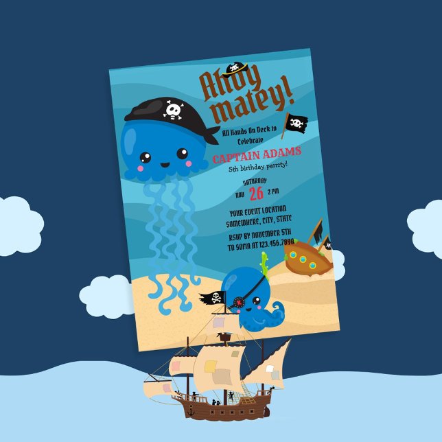 Ahoy Matey! Octopus Pirates Boys Birthday Invitation (Creator Uploaded)