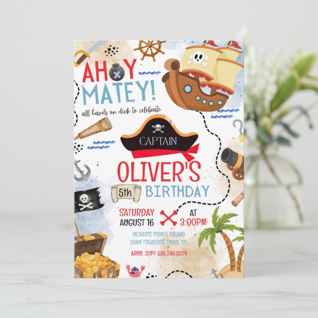 Ahoy Matey Pirate Birthday Invitation Kids Pirate  (Standing Front)