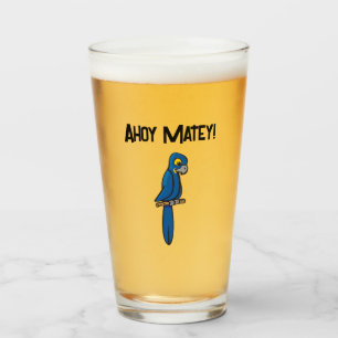 Ahoy Matey Pirate Parrot Cartoon, Funny Macaw Bird Glass