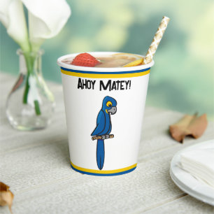 Ahoy Matey Pirate Parrot Cartoon, Funny Macaw Bird Paper Cups