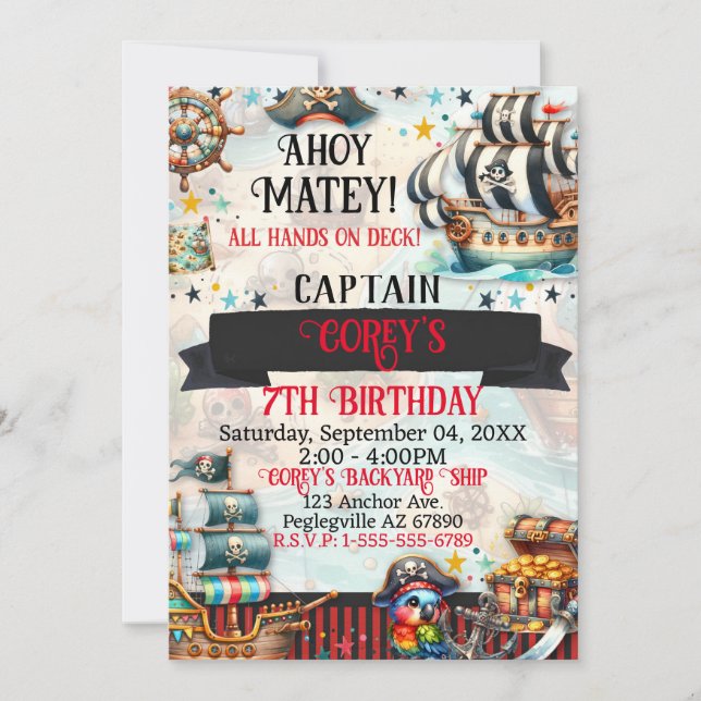 Ahoy Matey Pirate Theme Birthday Party Invitation  (Front)