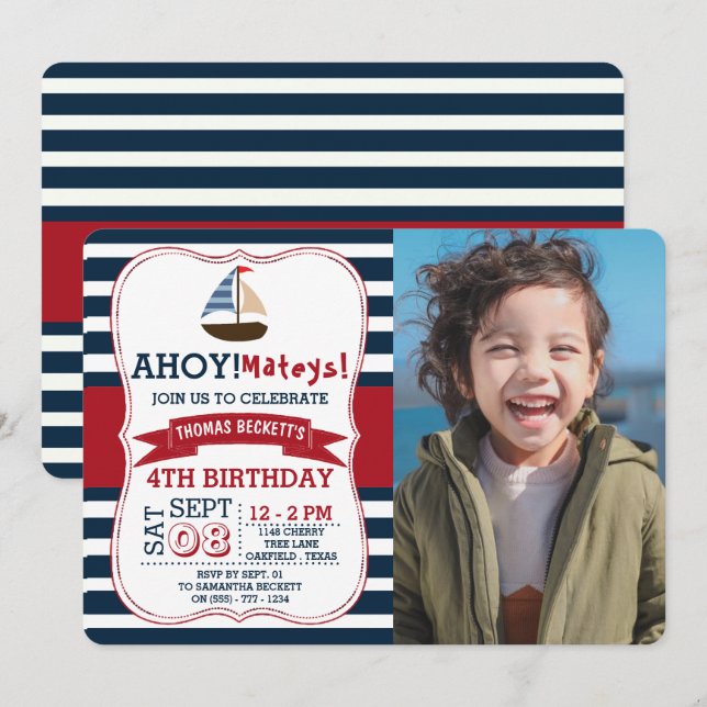 Ahoy Mateys! Nautical Boat Boys Photo Birthday Invitation (Front/Back)
