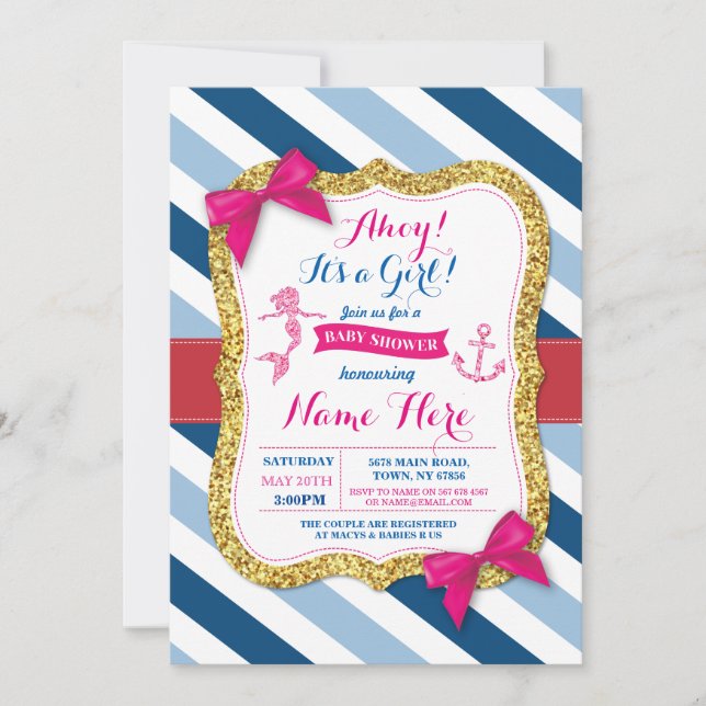 Ahoy Mermaid Baby Shower Pink Bow Invite (Front)