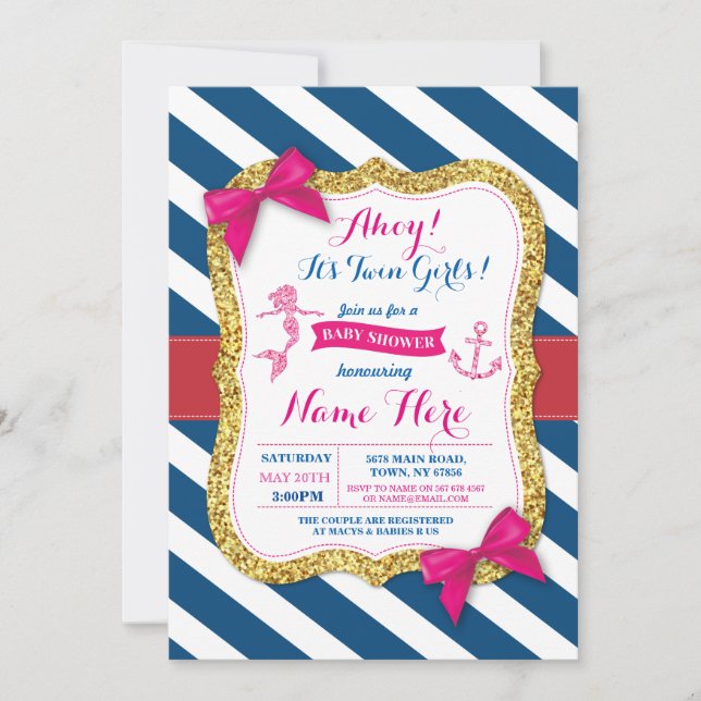 Ahoy Mermaid Baby Shower Pink Navy Invite (Front)